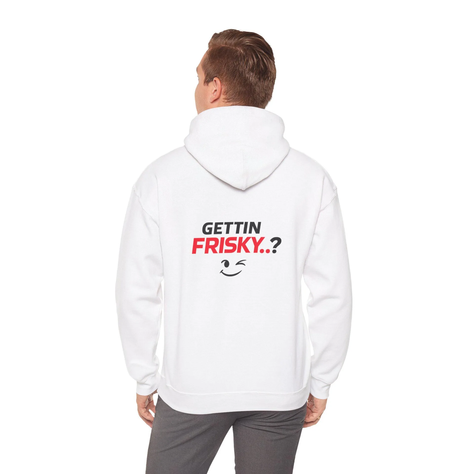 White Frisky-T hoodie shown from the back