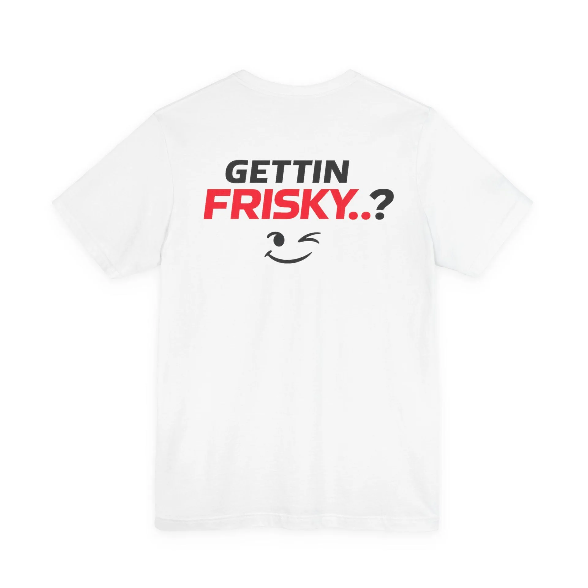 White Frisky-T graphic shirt shown from the back